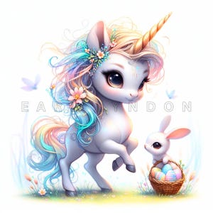 Clipart licorne lapin de Pâques - art fantastique chasse aux œufs, imprimables aquarelle pastel, 15 fichiers JPEG 300 DPI de haute qualité, projets de bricolage de vacances