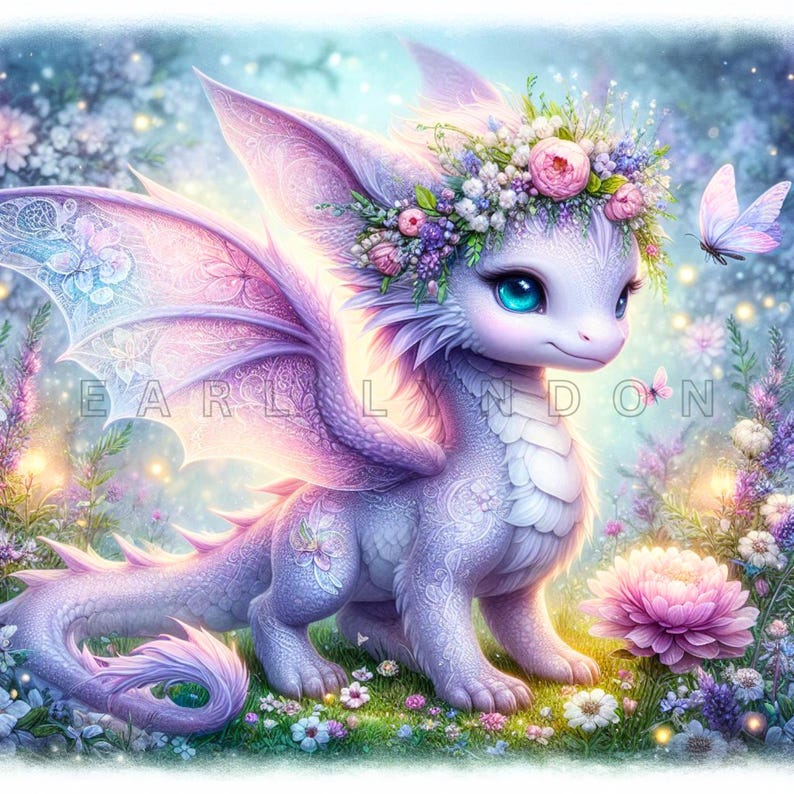 Spring Dragon Clipart - Baby Dragon Digital Prints, Floral Watercolor ...