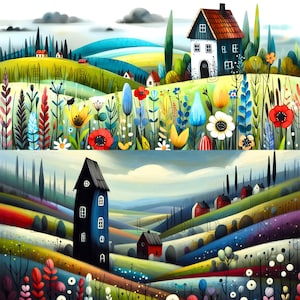 Conjunto de 2 imágenes prediseñadas de primavera de campo horizontal: arte floral de fantasía, imprimibles en acuarela, 15 JPEG de alta calidad de 300 DPI, postal, decoración de pared