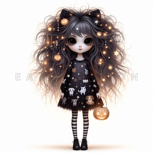 Gothic dog GIRL PNG 15 cute whimsical anime doll halloween holiday clipart Digital art prints Watercolor printable clip art 300 DPI