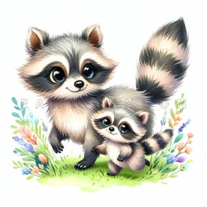 Clipart de maman bébé raton laveur - art fantastique fête des mères, imprimables aquarelle de printemps, 15 fichiers JPEG 300 DPI de haute qualité, créations en papier pour maman