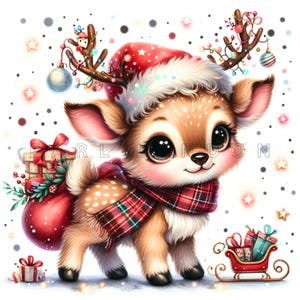 Clipart di renne per bambini PNG 15 clipart carine e fantasiose per le vacanze di Natale Stampe d'arte digitale Clip art stampabile ad acquerello 300 DPI