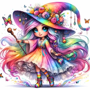 Clipart sorcière hippie arc-en-ciel - impression numérique fille bohème, imprimables aquarelle, 15 fichiers JPEG 300 DPI de haute qualité, créations en papier, magie, fantastique