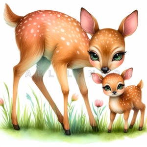 Mamãe veado bebê cervo clipart - arte de fantasia do dia das mães, imprimíveis de aquarela de primavera, 15 JPEGs de alta qualidade de 300 DPI, projetos faça você mesmo para a mãe