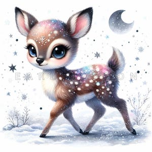 Clipart faon d'hiver fantaisiste - Impressions numériques mignon bébé cerf givré pour créations en papier et projets de bricolage | Images clipart imprimables, 15 images PNG, 300 ppp