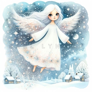 Ángel guardián de la nieve Clipart PNG 15 lindos y caprichosos clipart de vacaciones navideñas de invierno Impresiones de arte digital Clip art imprimible en acuarela 300 DPI