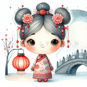 RAGAZZA cinese con lanterna rossa Clipart PNG 15 Clipart per le vacanze di bambola del capodanno lunare Stampe d'arte digitali Clip art stampabile ad acquerello 300 DPI