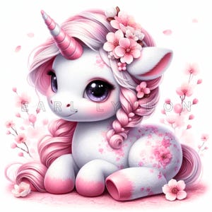 Sakura bebé UNICORNIO PNG 15 lindos unicornios bebés primavera flor de cerezo clipart Impresiones de arte digital Clip art imprimible en acuarela 300 DPI