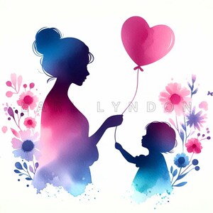 Mutter Tochter Sohn Clipart - Familie Silhouette Kunst, Blumen Aquarell Printables, 15 hochwertige 300 dpi JPEGs, DIY Projekte, Junk Journals