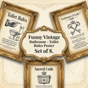 Può includere: Un set di otto poster vintage da bagno incorniciati. I poster presentano regole del bagno umoristiche, una guida per gentiluomini e signore e un codice sacro. Le cornici sono color oro con dettagli ornati e i poster hanno uno sfondo color crema.