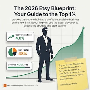 Op de afbeelding: Infographic getiteld "The 2026 Etsy Blueprint: Your Guide to the Top 1%" met een silhouet van een persoon in een pak, een stijgende groene lijngrafiek en tekstvakken met gegevens over conversiepercentage, nettowinst en groei.