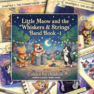 Może przedstawiać: Kolorowa okładka książki dla dzieci zatytułowana "Little Maow and the 'Whiskers & Strings' Band Book -1". Ilustracja przedstawia zespół zwierząt z kreskówek: kota grającego na gitarze, psa na perkusji, mysz i kota śpiewającego. Książka jest oznaczona jako "Komiksy dla dzieci."