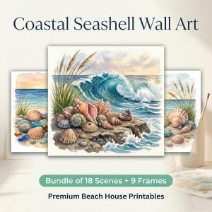 Könnte beinhalten: Küsten-Muschelbild-Kunstdrucke mit Aquarellillustrationen von Muscheln, Meereswellen und Strandszenen. Das Kunstwerk umfasst ein Bundle von 18 Szenen und 9 Rahmen. Die Drucke sind für ein Strandhaus-Thema konzipiert.