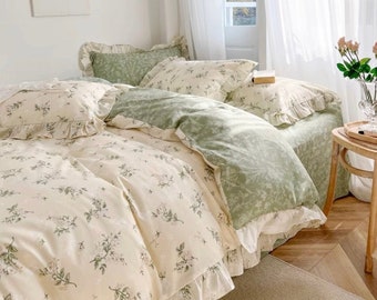 Green Duvet Cover Set, Floral Bedding Ruffle, Full Queen Bed Set, Apartment Bedroom Aesthetic, Retro Cotton Bedding, Flower Pattern Duvet
