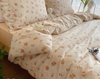 Floral Orange Duvet Cover Set Fresh Floral Bedding Set | Floral Sheets Duvet Cover Set | Twin Full Queen King Duvet Cover Set