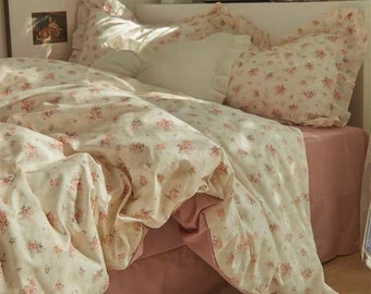 French Retro Pink Floral Cotton Duvet Cover Set | Cute Ruffle Bedding | Cottagecore Decor | Twin Full Queen Duvet Cover Floral