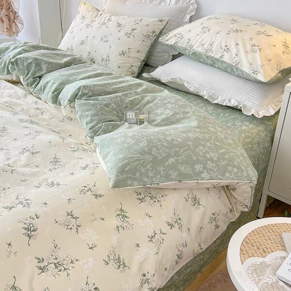 sage green duvet cover set, 2 year anniversary gift for girlfriend, guest room decor, cottagecore bedding, floral duvet cover queen duvet