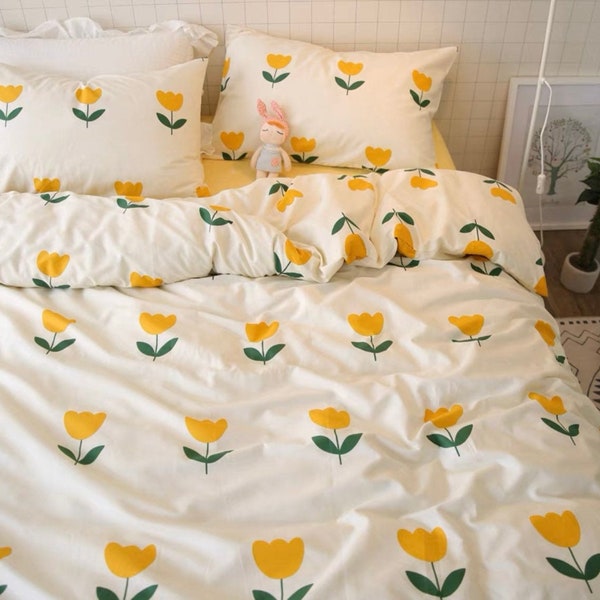 Yellow Tulips Floral Duvet Cover | Full Queen King Size Bedding Cotton | Floral Bedding | Cottagecore Flower Duvet Set