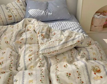 Cotton Duvet Cover Set, Girlish Floral Bedding Set, Fairy Strawberry Garden, Twin Full Queen Duvet Cover, Cottagecore Decor, Dorm Bedding