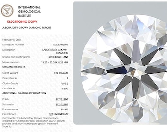 Round 9.04 ct F VVS2 Lab Grown Diamond  IGI Certified Loose Diamond diamond for Anniversary and Engagement ring