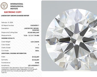Round 8.38 ct F VVS2 Lab Grown Diamond  IGI Certified Loose Diamond diamond for Anniversary and Engagement ring