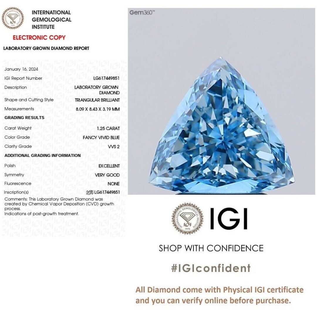 Triangular Blue Diamonds 1.25 Ct TRIANGULAR Cut Fancy Vivid Blue VVS2 IGI Certified Lab Grown ...