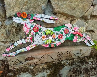 Hare roses mosaic animal eco art vintage ceramic pique assiette large folk wall art sculpure