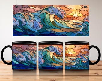 Tazza da caffè con onda oceanica in vetro colorato / Tramonto sul mare