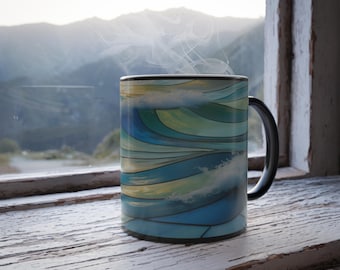 Tazza da caffè in vetro colorato con onda oceanica, stoviglie in stile nautico e costiero