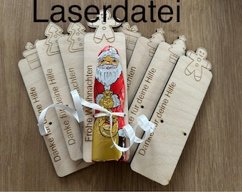May include: A set of six wooden bookmarks with various Christmas-themed designs, including a gingerbread man, a Christmas tree, and a Santa Claus. The bookmarks are laser-cut and have the text "Danke für deine Hilfe" (Thank you for your help) on them.