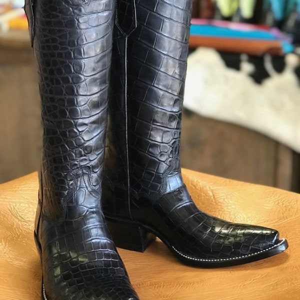 New Bespoke Handmade Men's Black crocodile Texture Ridding boot , Men's Horse ridding Formal boot, stylish pointed shape boot