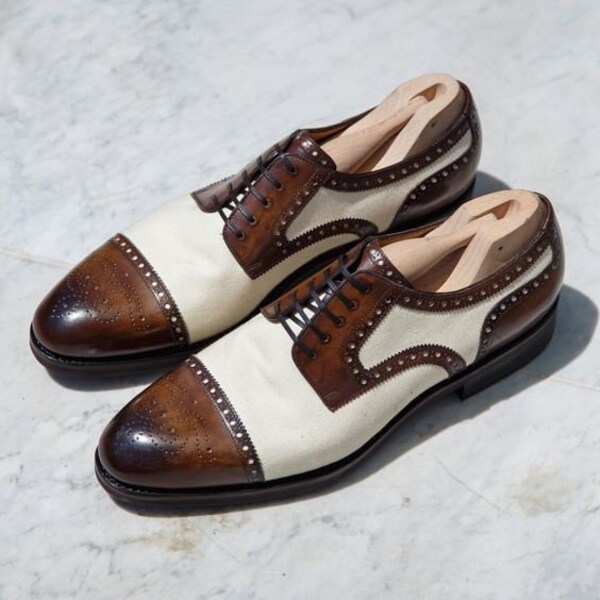 New Bespoke Handmade Men's Cream and Brown Patina Leather Oxford Shoe, Mens Dress up fashion Shoe, stylish shape