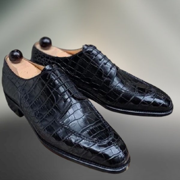 New Bespoke Handmade Mens Black Alligator Leather Oxford Shoe, Mens Dressup Formal Shoe, stylish shape