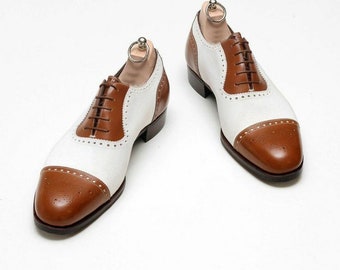 New Bespoke Handmade Men's White and Brown Leather Oxford Shoe, Mens Dress up fashion Shoe, stylish shape