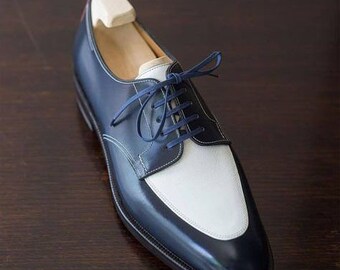 Bespoke Handmade Men's Two Tone White and Navy Blue Leather Oxford Shoe, Men's Dress up cap toe Shoe