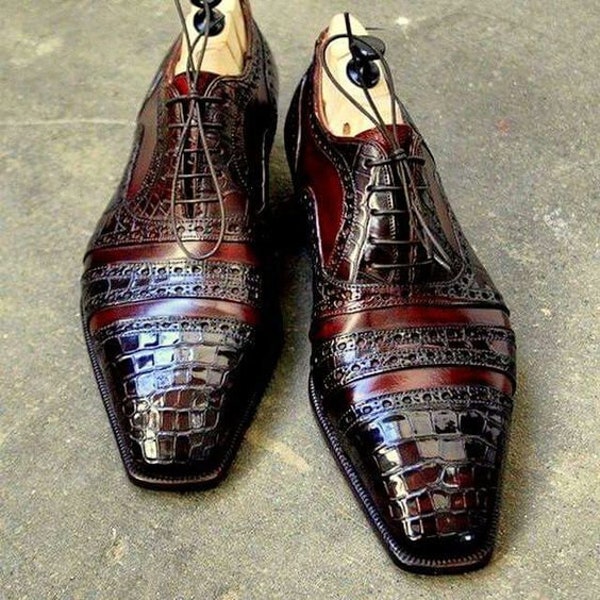 Bespoke Handmade Men's Burgundy Alligator texture and Leather Oxford Shoe, Mens Dress up lace up Shoe, men Spectator Italian shoe