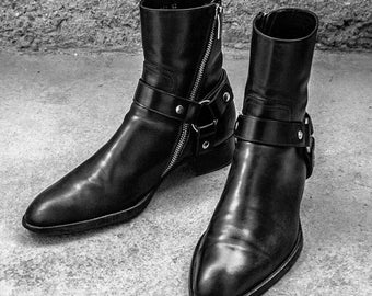 Bespoke Handmade Men's Black Leather Jodhpur boots, Men's Side zipper Rock style boots, Round Ring With Strap