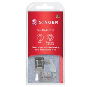May include: A clear plastic Singer bias binder foot for sewing machines. The foot is packaged in a red and white blister pack with the Singer logo and the text "Bias Binder Foot". The package also includes instructions for using the foot.