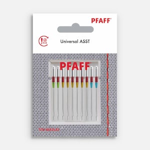 Puede incluir: Un paquete de diez agujas de máquina de coser surtidas para máquinas de coser Pfaff. El paquete está etiquetado como "Universal ASST" y presenta el logotipo de Pfaff.