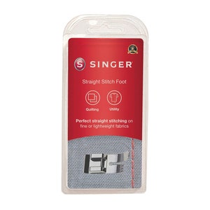 May include: A clear plastic package containing a Singer brand straight stitch foot for sewing machines. The package is red and white and has the text "Straight Stitch Foot" and "Quilting Utility".