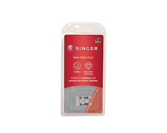May include: A Singer brand satin stitch foot for sewing machines. The packaging is red and white with the text "Satin Stitch Foot" and "Perfect for applique and sewing decorative stitches".