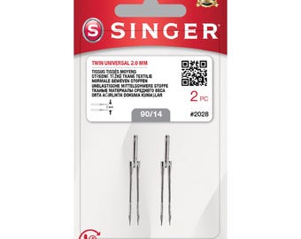 May include: A package of Singer Twin Universal 2.0 mm sewing machine needles. The package is red and white, with the Singer logo at the top. The needles are silver and are designed for medium-weight fabrics. The package includes two needles.