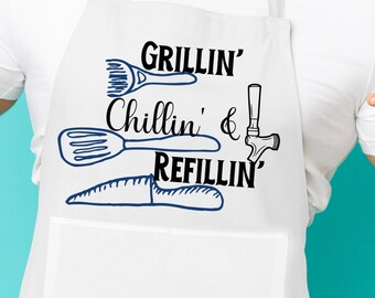 Bbq Apron Grilling Chilling Refilling Bbq Dad Apron for Men Grilling Accessories Fathers Day Apron Grill Apron With Pocket Funny Chef Apron
