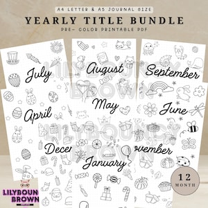 12-Month Title Page Printable - Cute Journal & Planner Covers - Monthly Cover Pages - A4 A5 Inserts - Printable Title Pages Bullet Journal