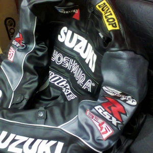 Men's Suzuki Rocket Motorbike Racing Motorcycle Cowhide Black Leather Jacket image 2