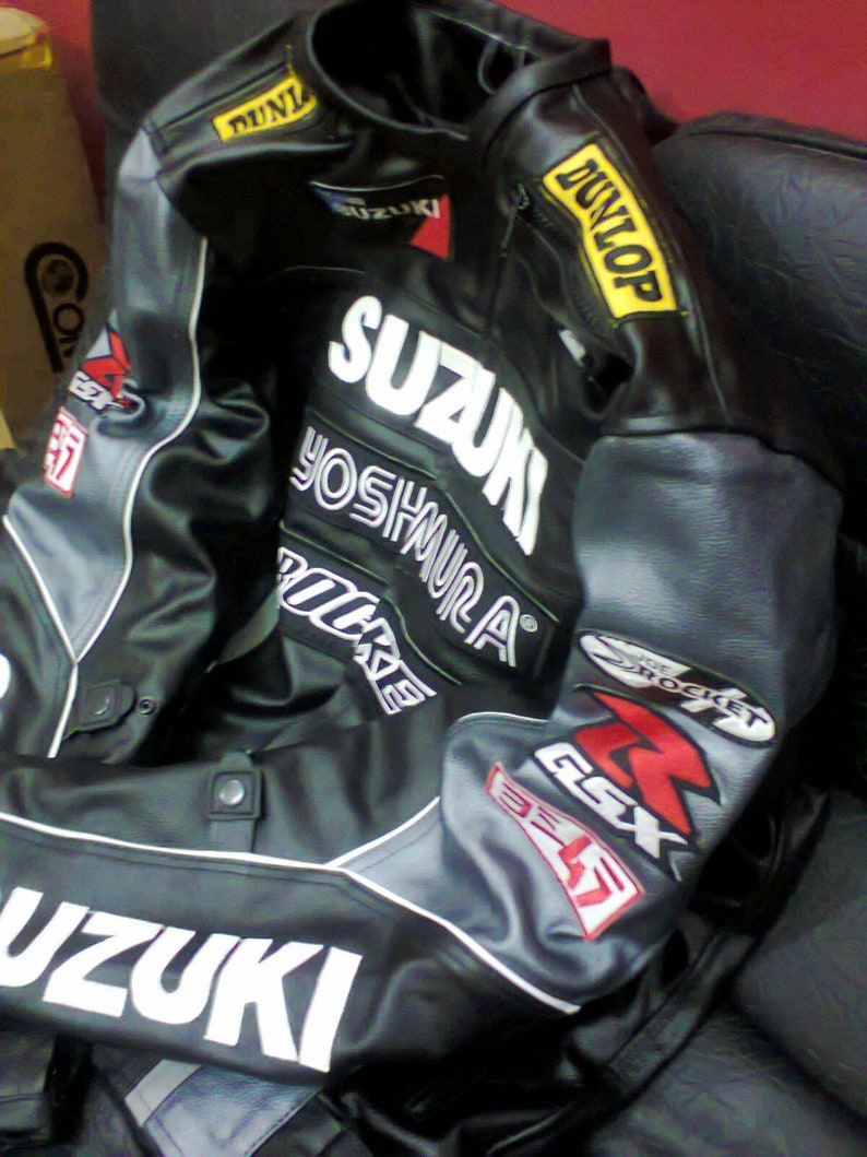 Men's Suzuki Rocket Motorbike Racing Motorcycle Cowhide Black Leather Jacket image 2