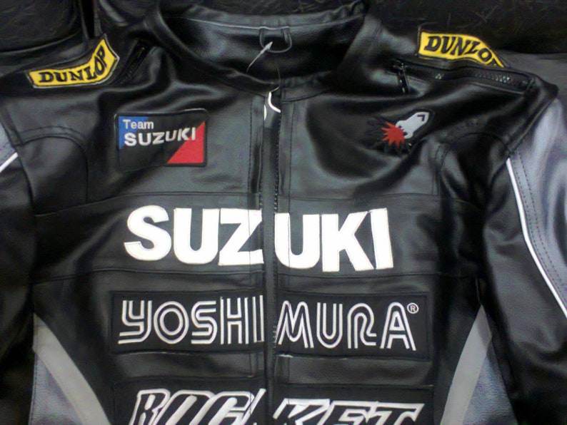 Men's Suzuki Rocket Motorbike Racing Motorcycle Cowhide Black Leather Jacket image 3