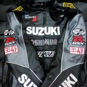 Men's Suzuki Rocket Motorbike Racing Motorcycle Cowhide Black Leather Jacket image 1