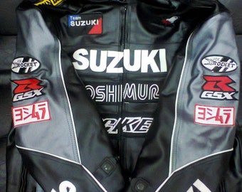 Men's Suzuki Rocket Motorbike Racing Motorcycle Cowhide Black Leather Jacket