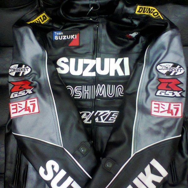 Men's Suzuki Rocket Motorbike Racing Motorcycle Cowhide Black Leather Jacket